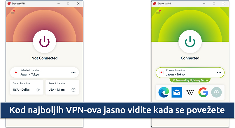Screenshot of ExpressVPN's Windows app showing the VPN disconnected and connected to the Japan Tokyo server